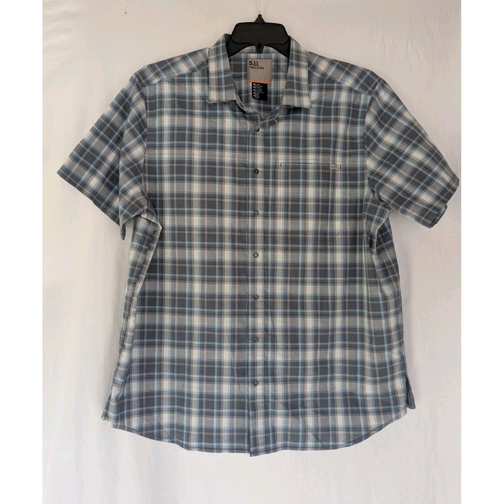 5.11 Tactical Shirt Mens L Gray Blue Plaid Snap Up Short Sleeve Utility Workwear
